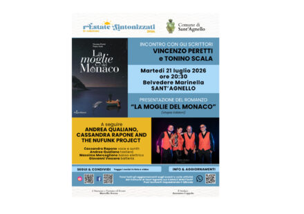 A Sant’Agnello presentazione del libro “La moglie del monaco”. A seguire Andrea Qualiano, Cassandra Rapone and The NuFunk Project in concerto